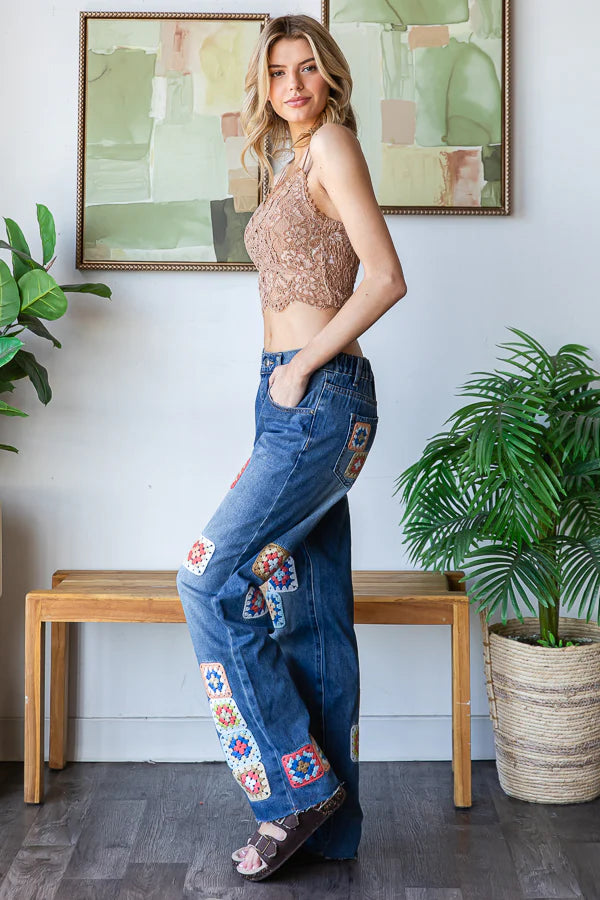 Washed Crochet Square Denim Jeans