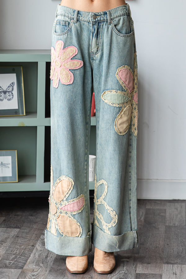 Washed Flower Patchwork Straight Denim Jeans