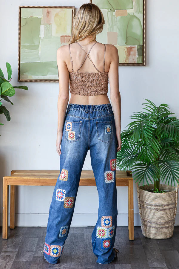 Washed Crochet Square Denim Jeans