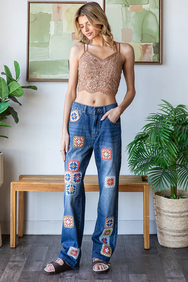 Washed Crochet Square Denim Jeans