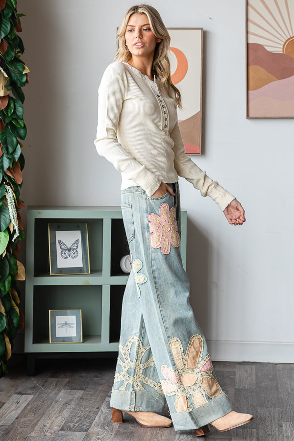 Washed Flower Patchwork Straight Denim Jeans