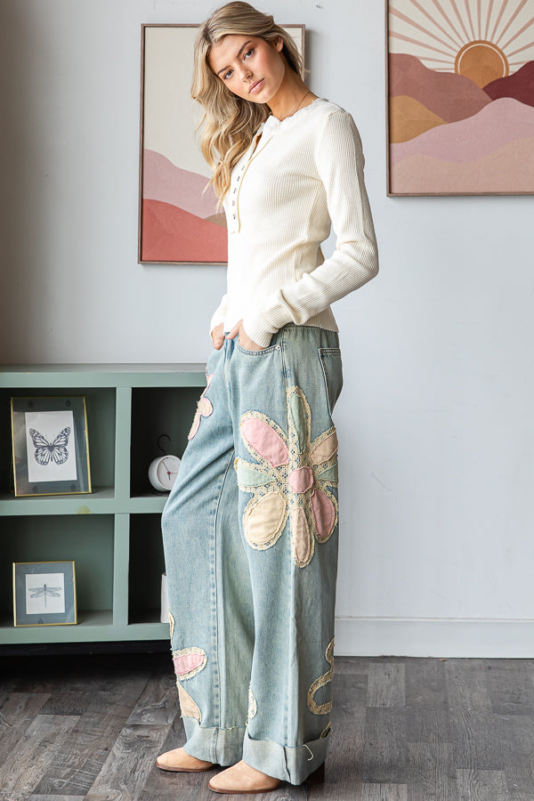 Washed Flower Patchwork Straight Denim Jeans