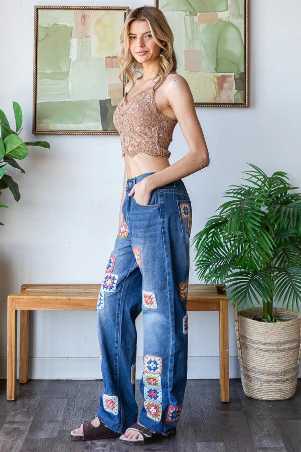 Washed Crochet Square Denim Jeans