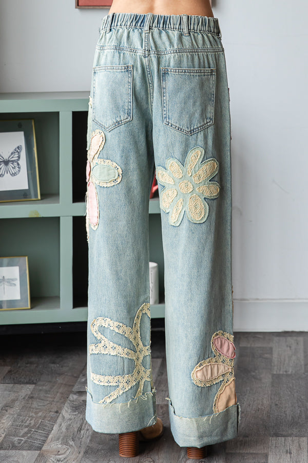 Washed Flower Patchwork Straight Denim Jeans