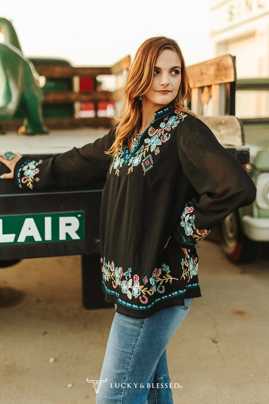 Black Floral Embroidered V Neck Top