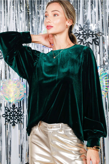 Long Balloon Sleeve Round Neck Velvet Blouse Top