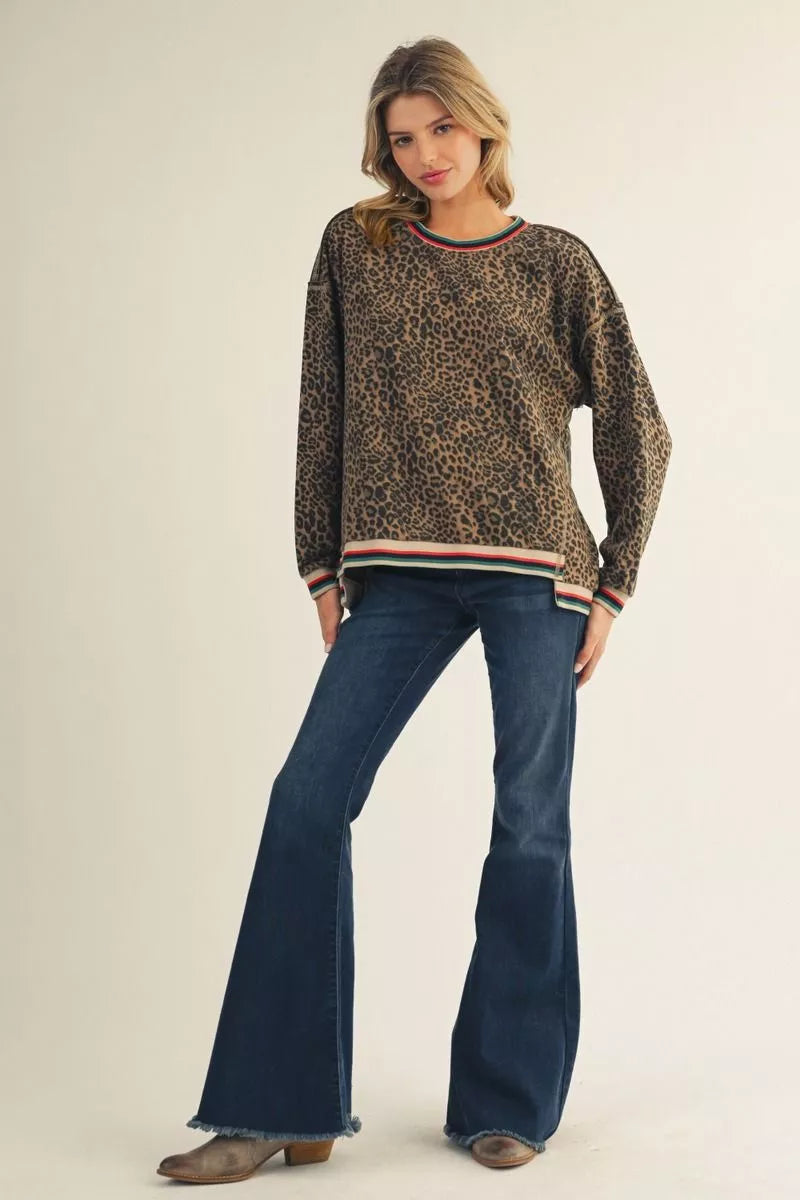 Drop Shoulder Leopard Pullover