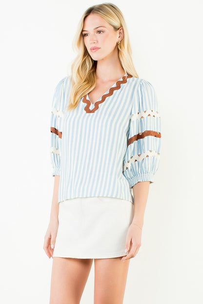 Puff Sleeve Striped V-neck Top
