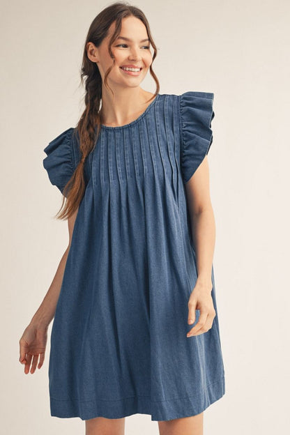 Ruffle Sleeve Washed Denim Dress