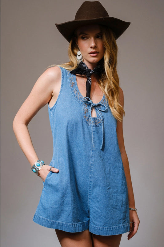 Tie Front Embroidered Denim Romper
