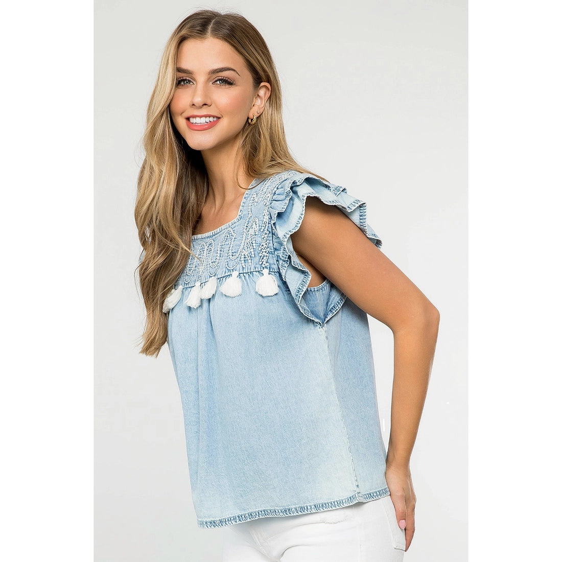 Embroidered Ruffle Sleeve Top