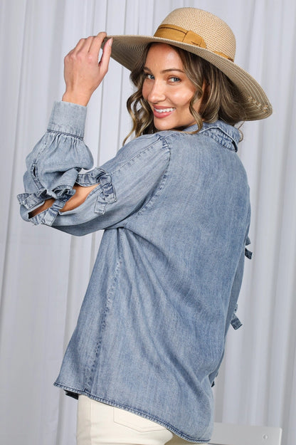 Chambray Denim Bow Button Down