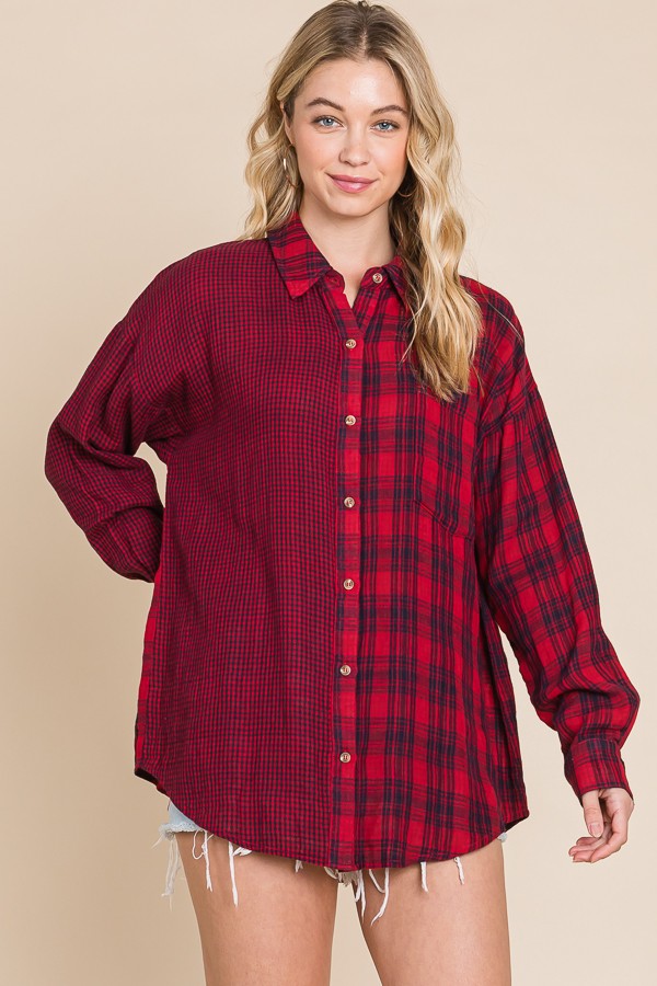 Long Sleeve Button Down Checkered Detail