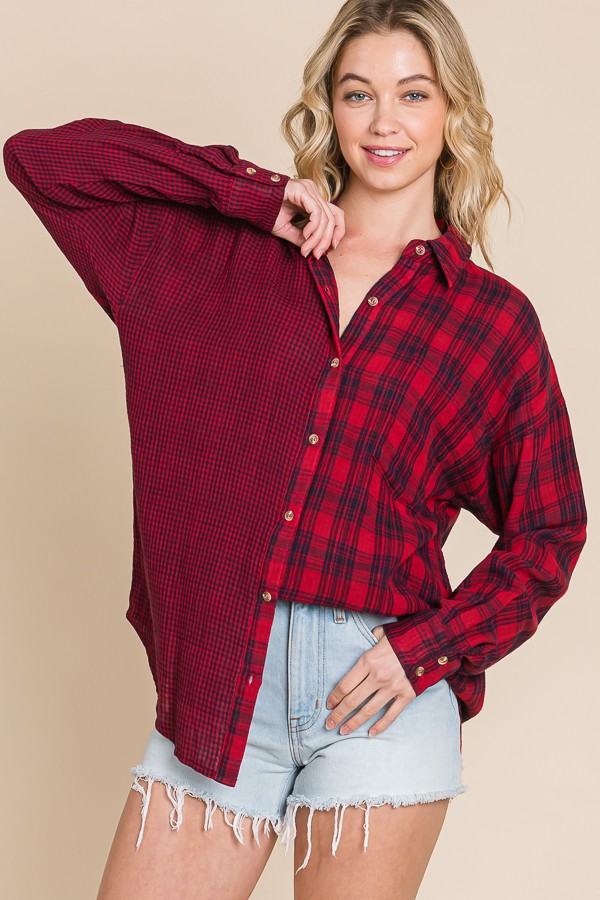 Long Sleeve Button Down Checkered Detail