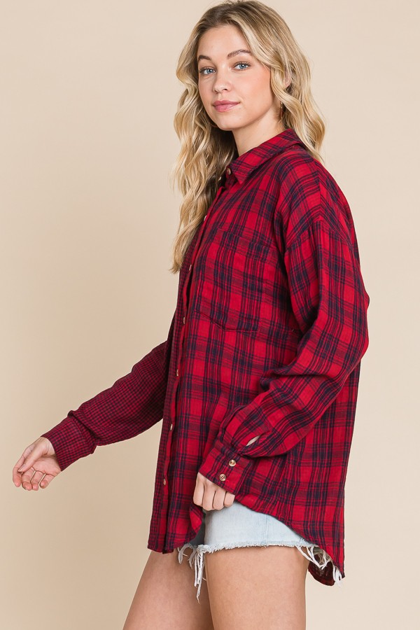 Long Sleeve Button Down Checkered Detail