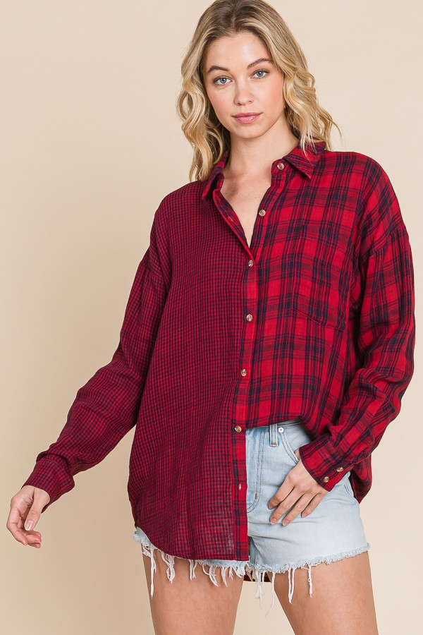 Long Sleeve Button Down Checkered Detail