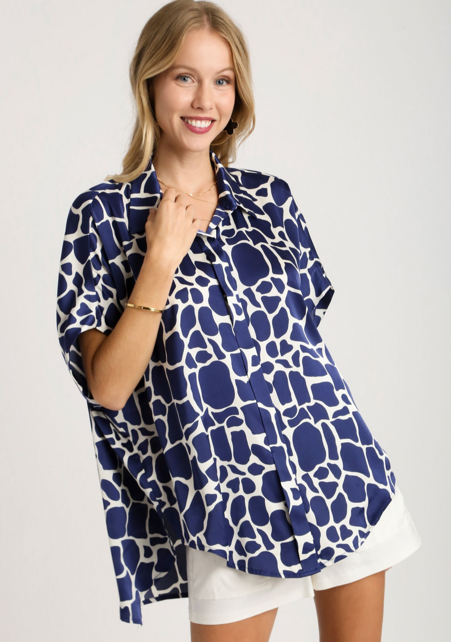 Collared Button Down Print Short Sleeve Top Side Slit