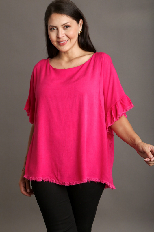 Linen Ruffle Sleeve Round Neck Top