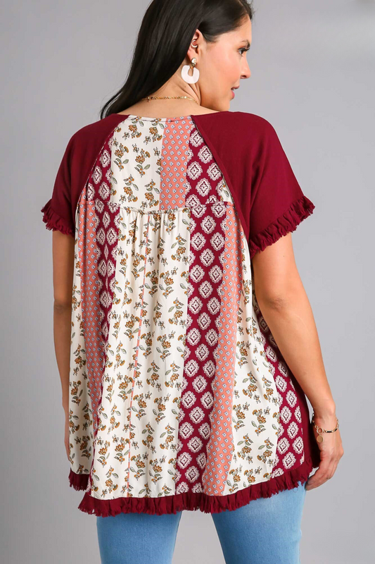 Linen Blend Scoop Neck Shirt, Frayed Hem & Mixed Print Back