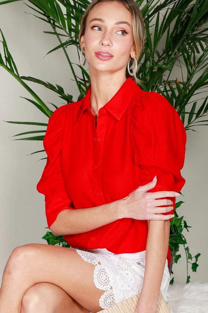 Collared Neckline Puff Short Sleeve Blouse