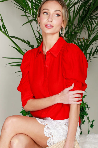 Collared Neckline Puff Short Sleeve Blouse