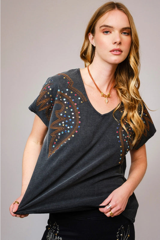 Embroidered Studded T Shirt