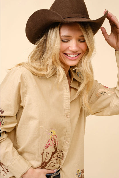 Cowgirl Motif Linen Button Up