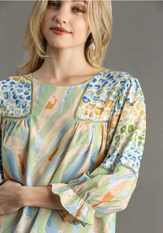 Mixed Print Top with 3/4 Sleeves and Lace Trim