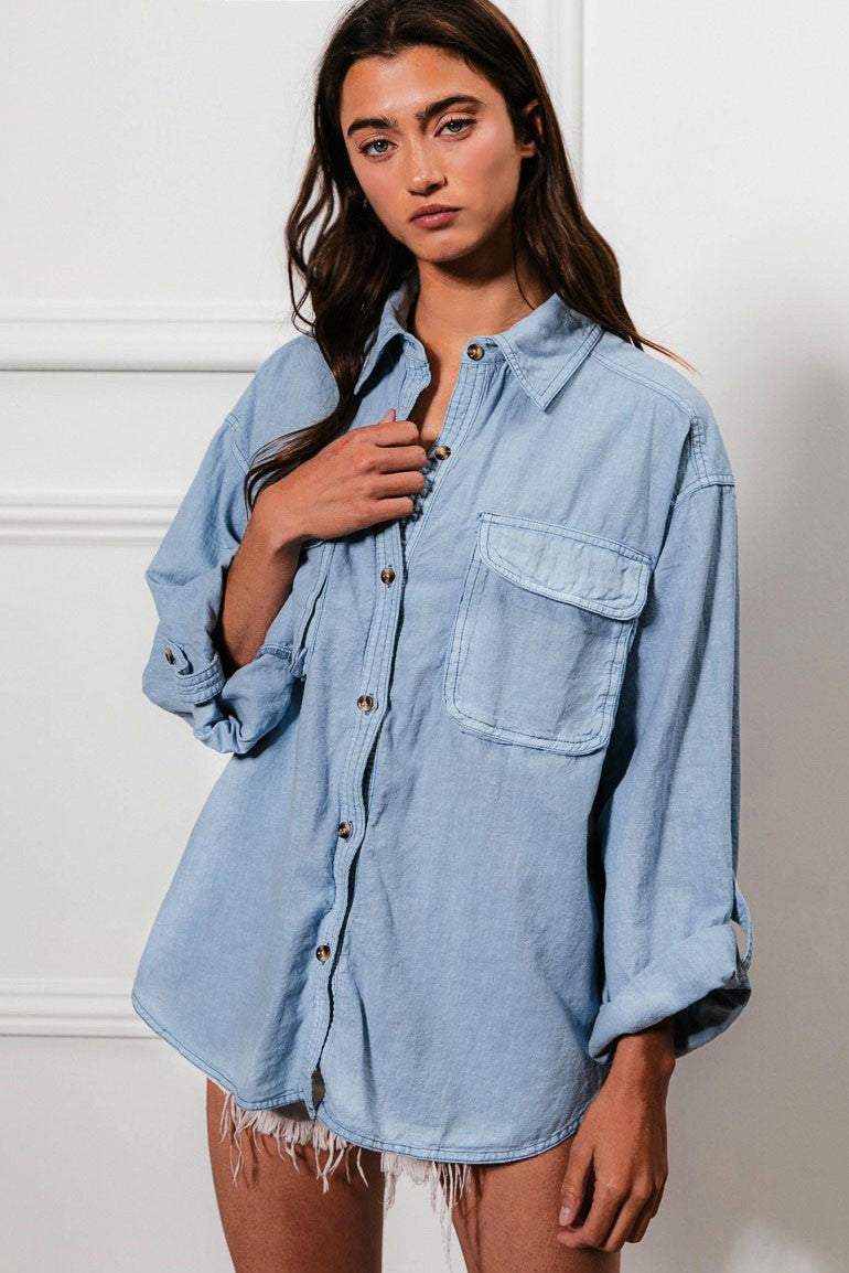 Linen Blend Double Pocket Button Top