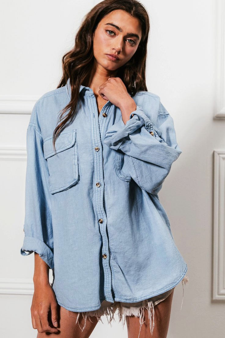 Linen Blend Double Pocket Button Top