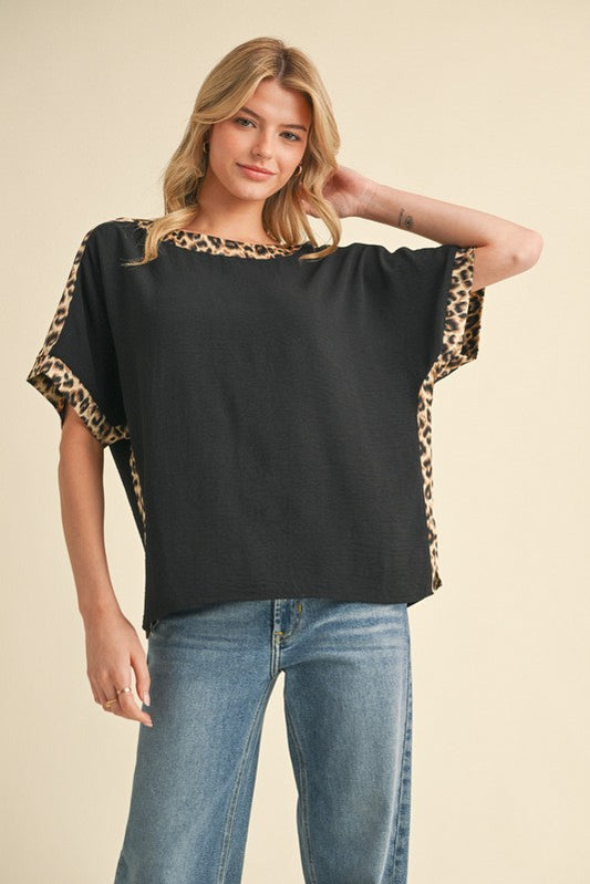 Leopard Trim Dolman Sleeve