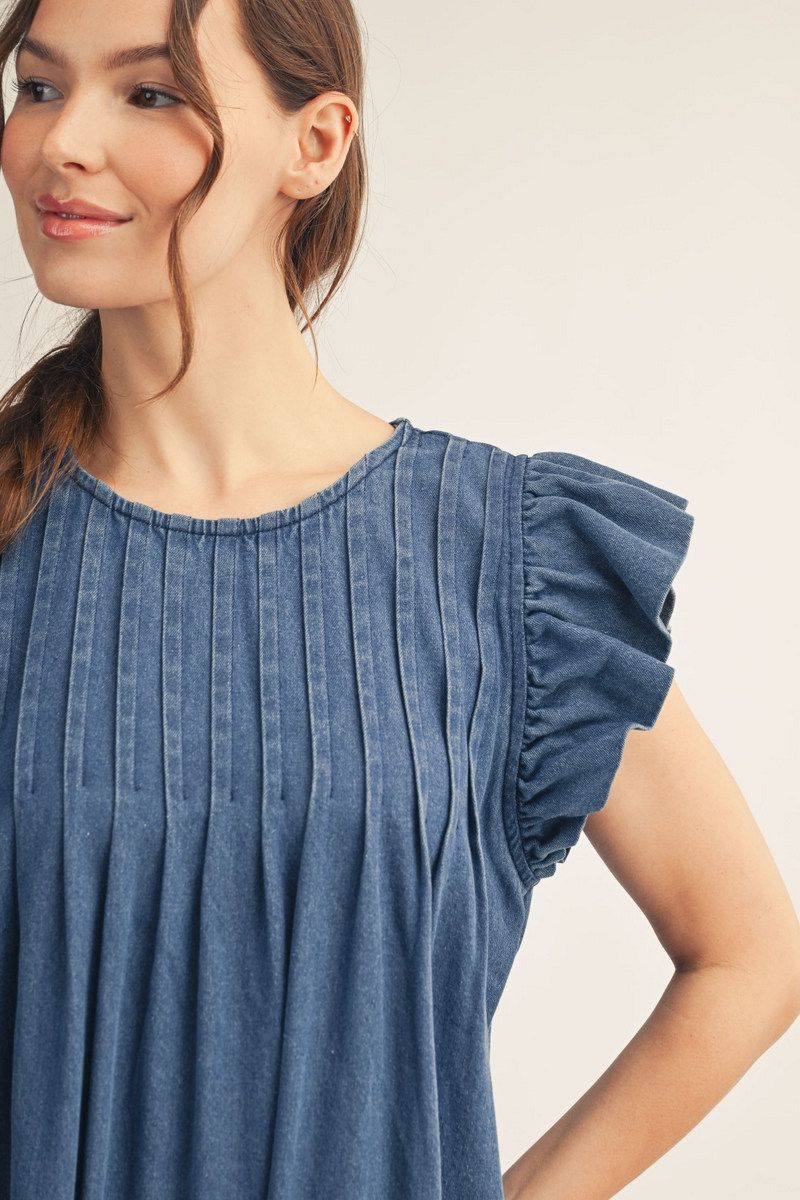 Ruffle Sleeve Washed Denim Dress