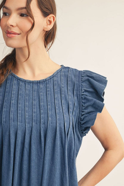 Ruffle Sleeve Washed Denim Dress