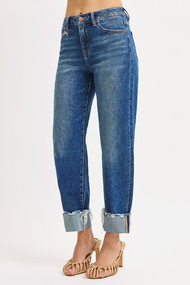 High Rise Crop Boyfriend Cufffed Jeans