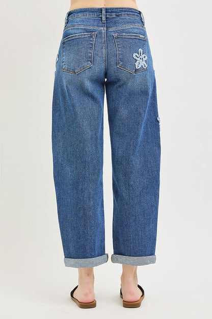 Flower Patch Cropped Barrel Jeans