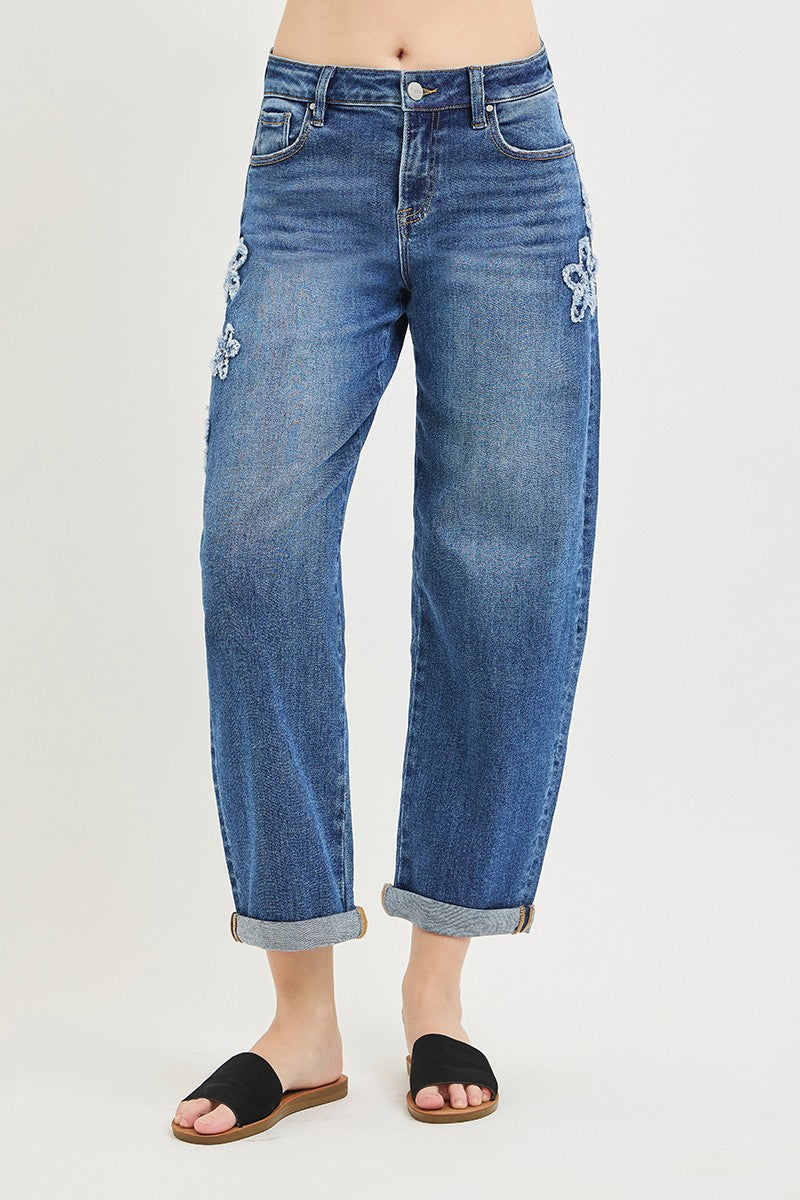 Flower Patch Cropped Barrel Jeans