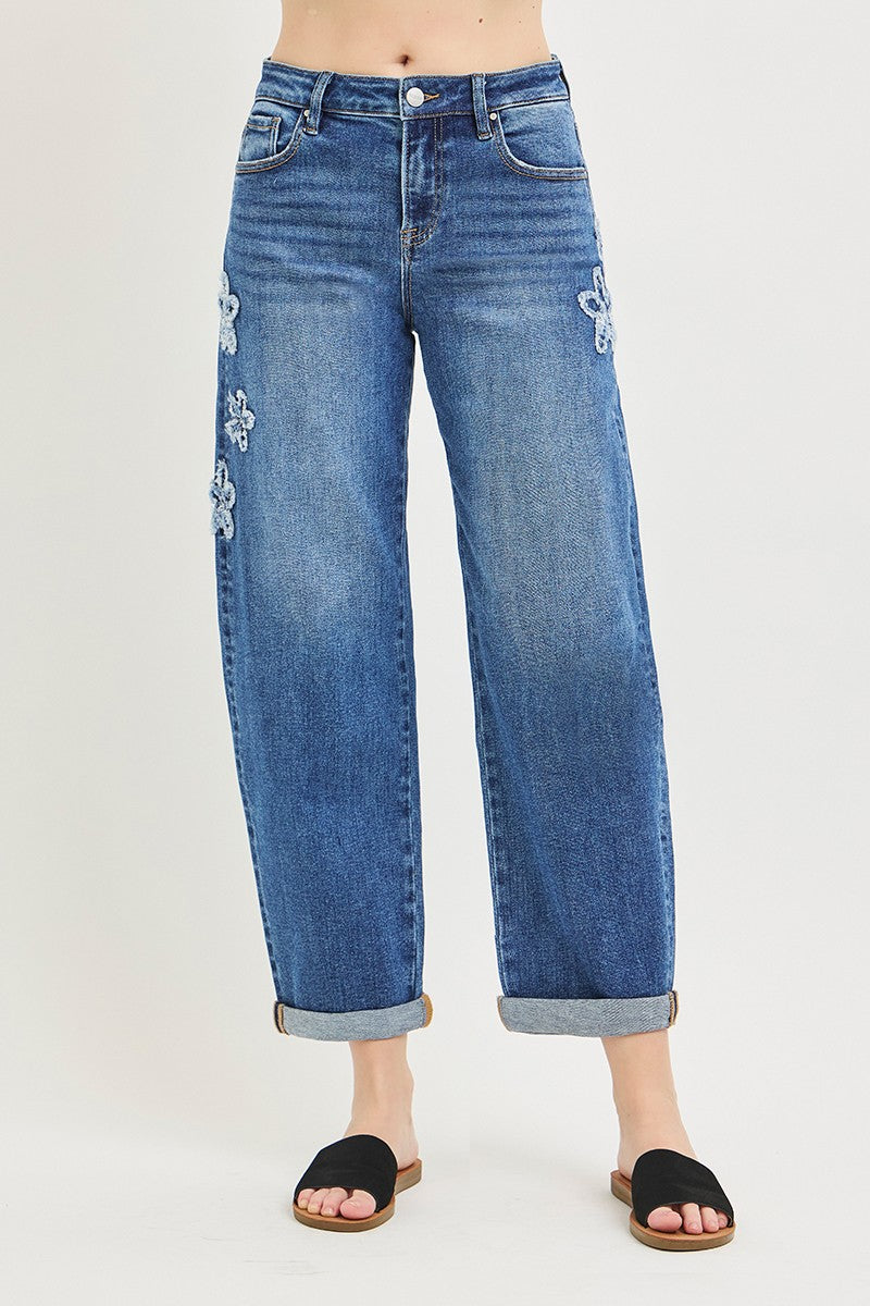 Flower Patch Cropped Barrel Jeans