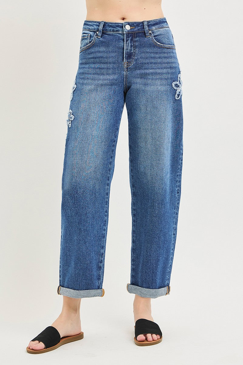 Flower Patch Cropped Barrel Jeans