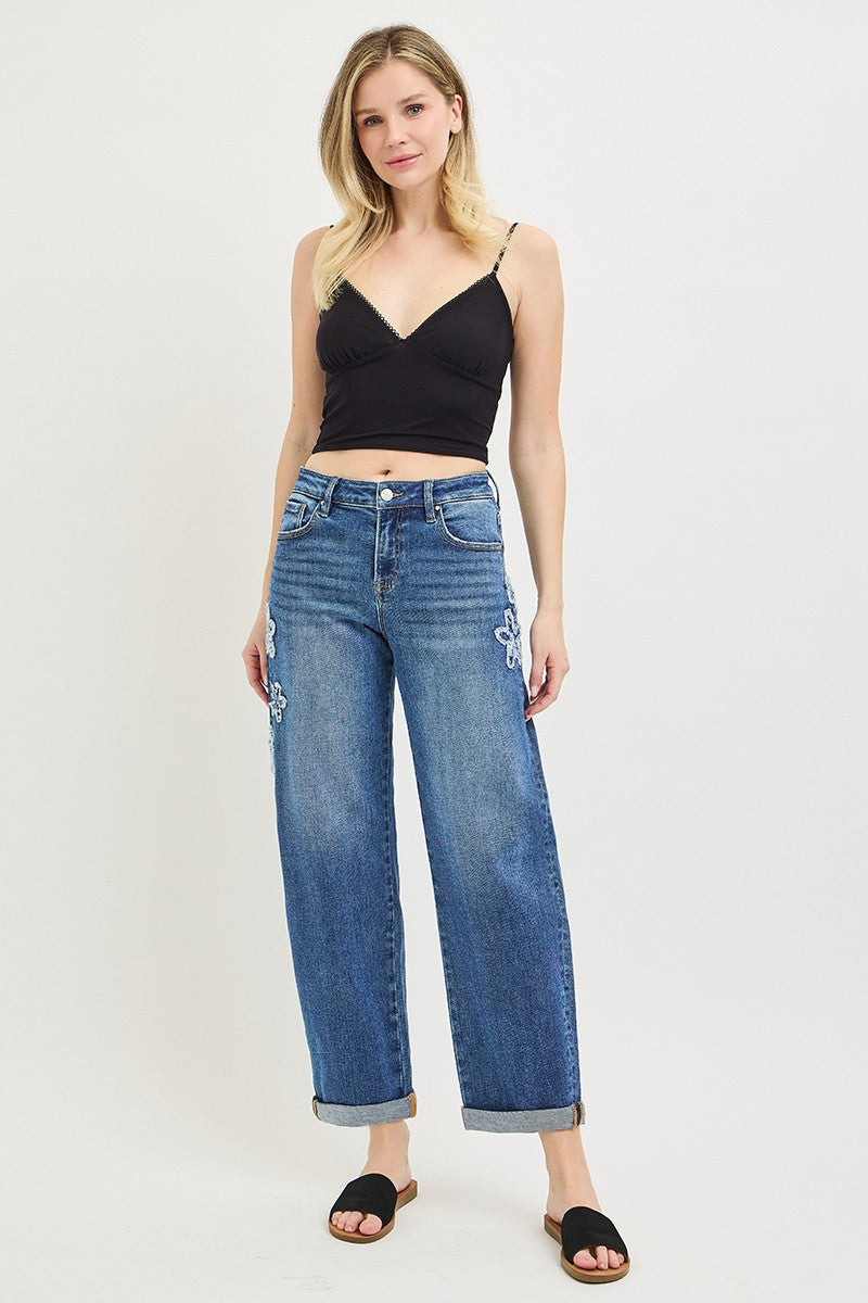 Flower Patch Cropped Barrel Jeans