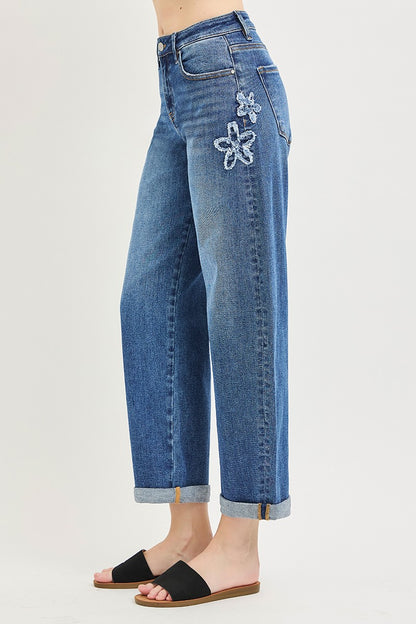 Flower Patch Cropped Barrel Jeans