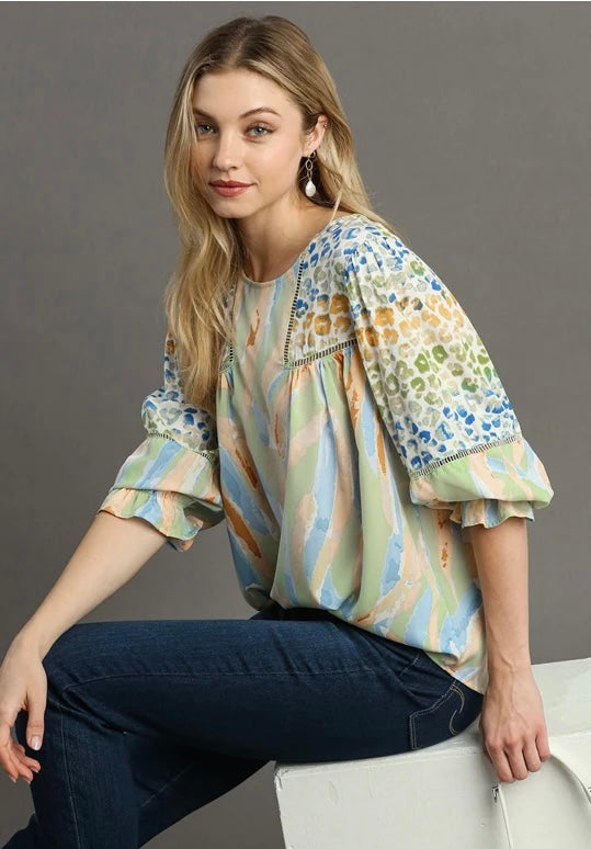 Mixed Print Top with 3/4 Sleeves and Lace Trim