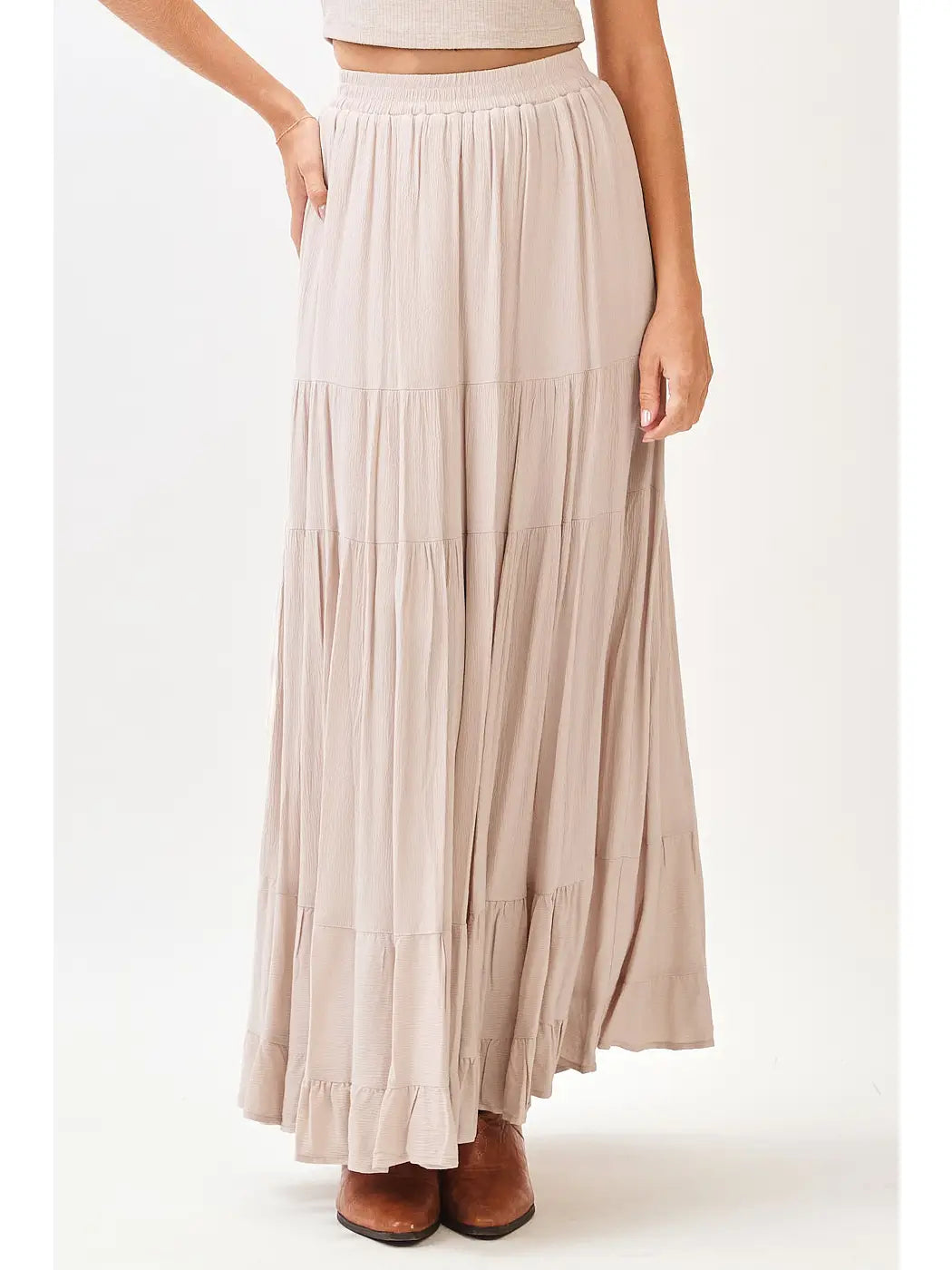 Tiered Flowy Elastic Waist Lined Maxi Skirt