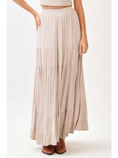 Tiered Flowy Elastic Waist Lined Maxi Skirt