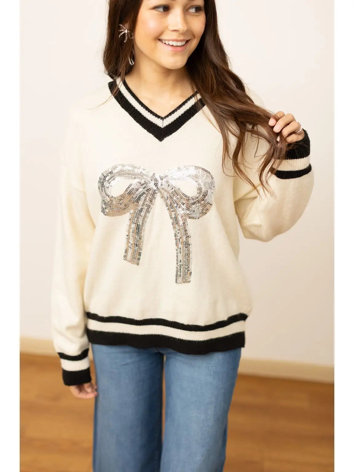 Silver Sequin Bow Sweater: Cream & Black Chic