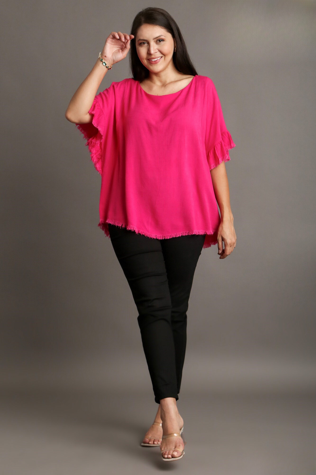 Linen Ruffle Sleeve Round Neck Top