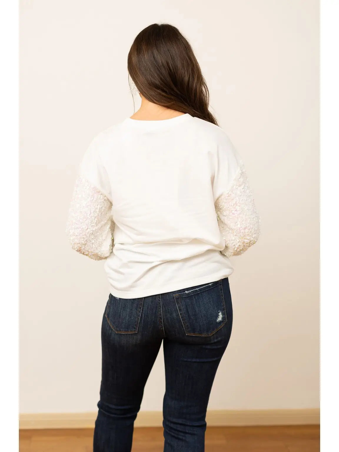 Merry Sequins White Sweater with Sequins Sleeves