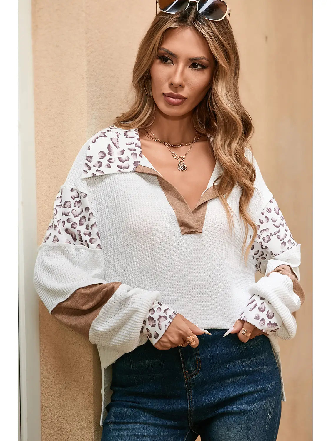 Leopard Patchwork Turn-Down Collar Waffle Top