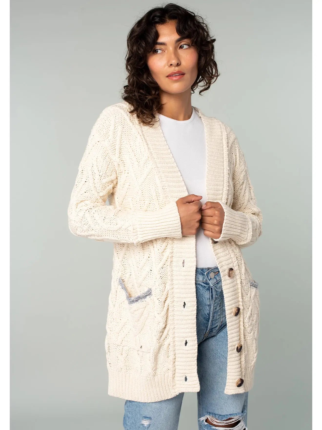 Oversized Button Front Cable Knit Cardigan