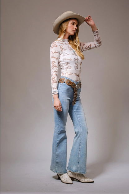 Mesh Graphic Long Sleeve Mock Neck Top