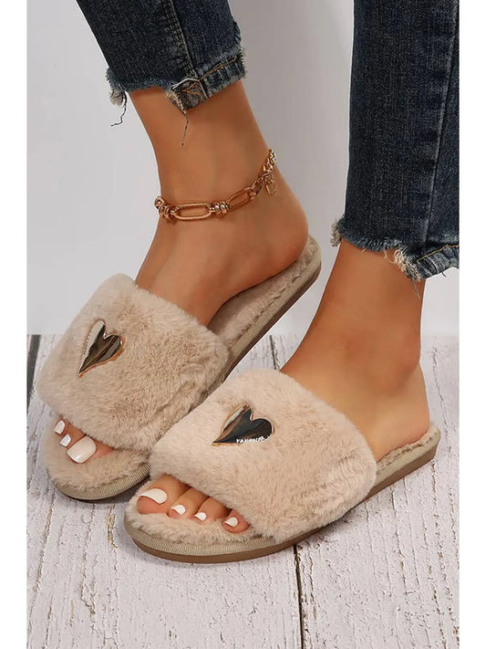 Heart Shape Buckle Decor Open Toe Plush Slippers
